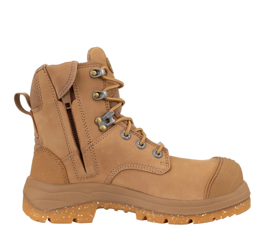 Tan work boot with laces on a white background