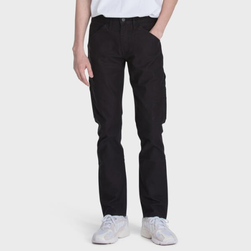 Black Mens classic modern slim leg zip front extra strong workwear jeans durable canvas pants, tradie clothing, slim fit work pants, ermine work pants, fashionable work wear.