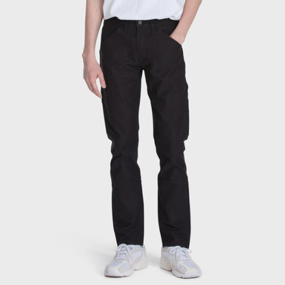 Black Mens classic modern slim leg zip front extra strong workwear jeans durable canvas pants, tradie clothing, slim fit work pants, ermine work pants, fashionable work wear.