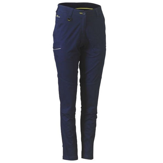 A pair of Bisley brand women's navy stretch cotton work pants with functional pockets, designed with a mid-rise waist and a tapered leg.