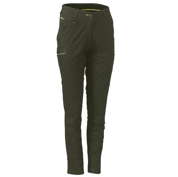 A pair of Bisley brand women's black stretch cotton pants with functional pockets, designed with a mid-rise waist and a tapered leg in colour olive green.