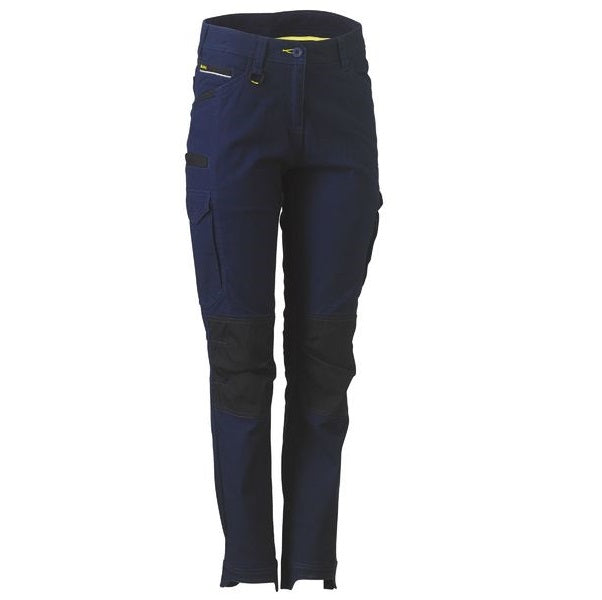 Navy ladies blue work pants with black knee patches on a white background