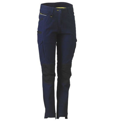Navy ladies blue work pants with black knee patches on a white background