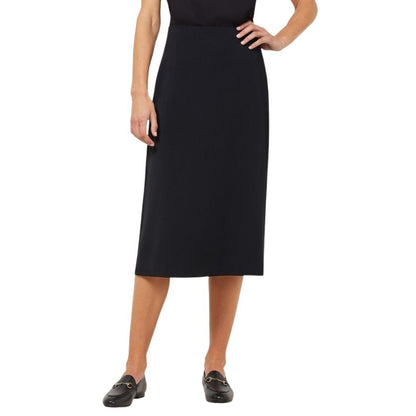Person wearing a black knee-length skirt on a white background
