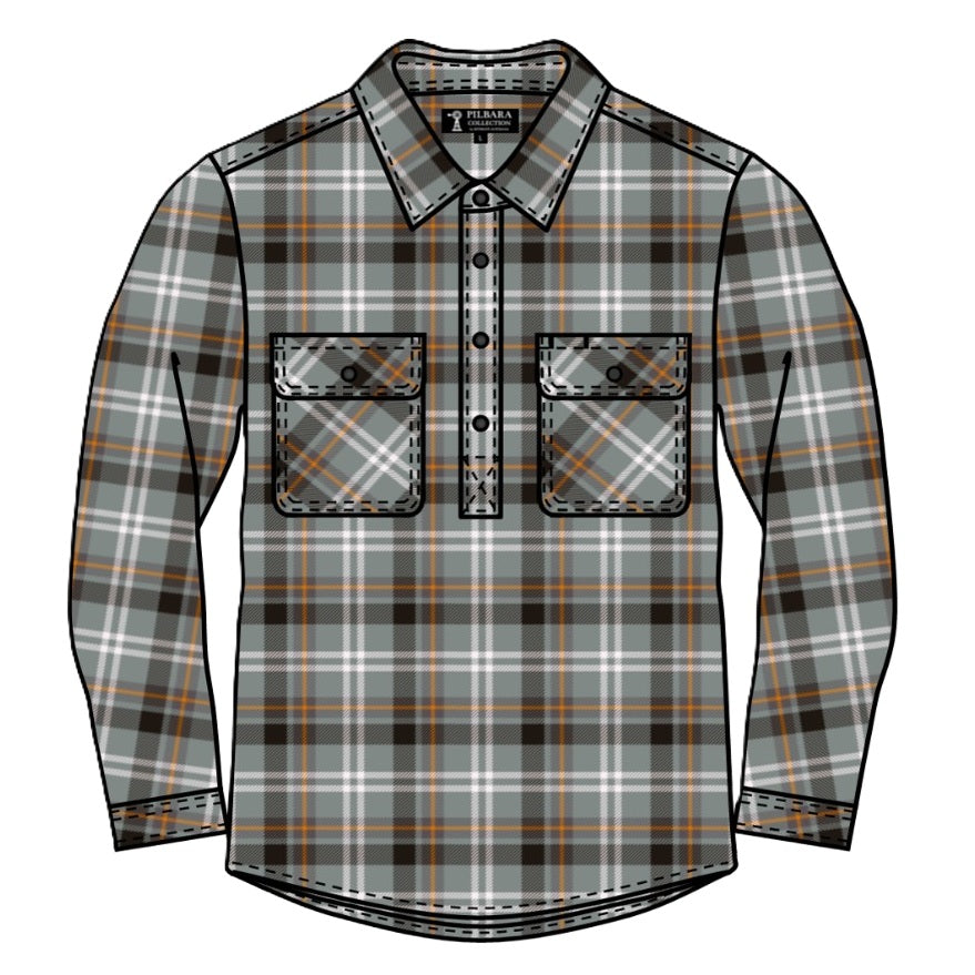 Pilbara RM123FCF Flannelette Shirt Men's Closed Front - Grey/Orange Plaid - Front View