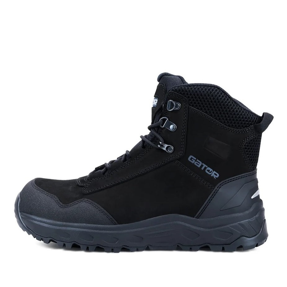 Black hiking boot with brand logo on a white background
