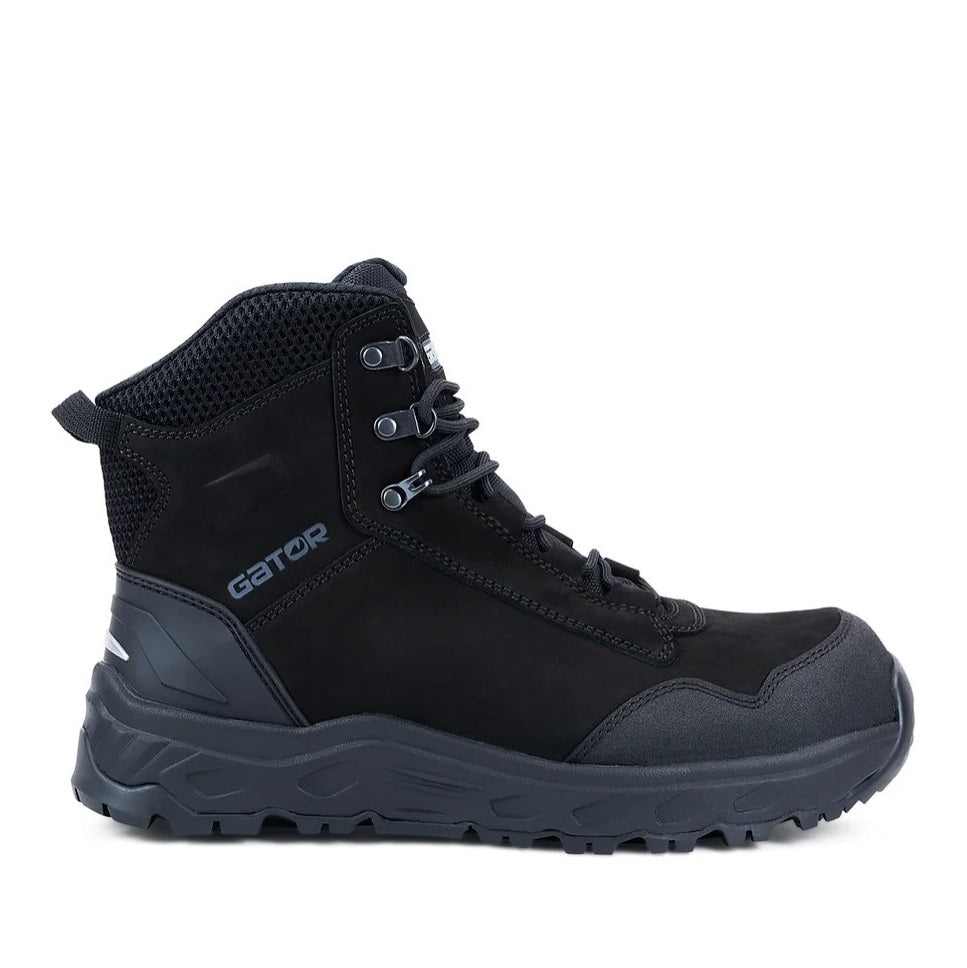 Black hiking boot with brand logo on a white background