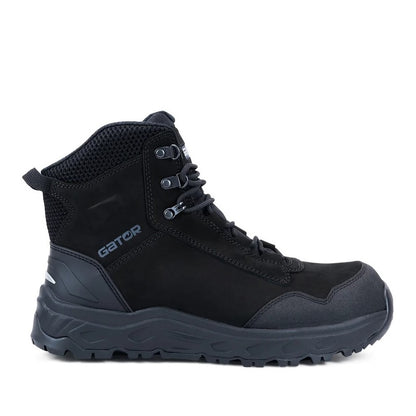 Black hiking boot with brand logo on a white background