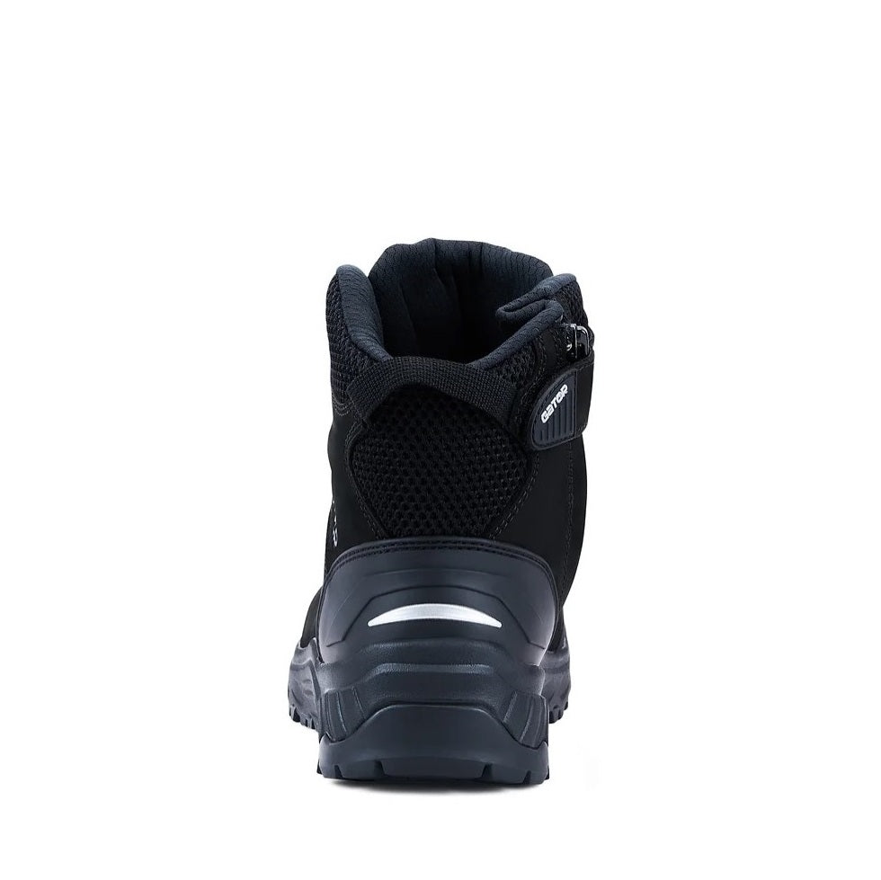 Black boot with a visible brand logo on a white background