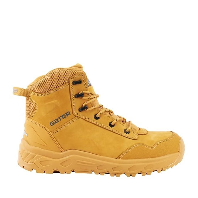 Yellow hiking boot with 'Gator' branding on a white background