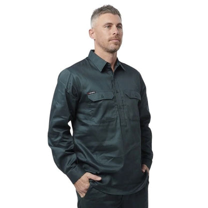 Man wearing a dark green shirt on a white background