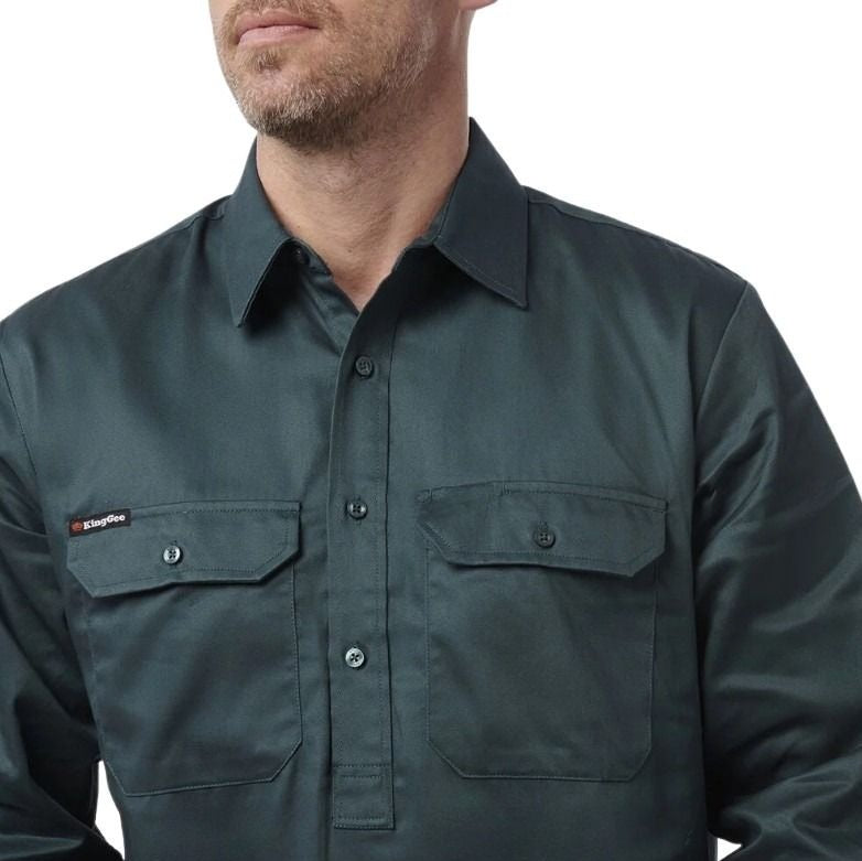Green work shirt with a brand logo on a white background