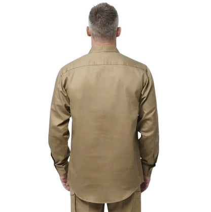 Man wearing a beige long-sleeve shirt and pants on a white background