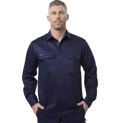 Man wearing a navy long-sleeve shirt on a white background