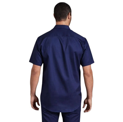 Man wearing a navy blue shirt on a white background