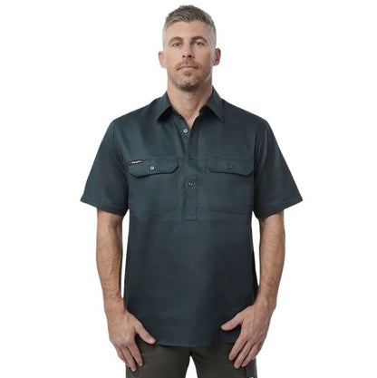Man wearing a dark green short-sleeve shirt on a white background