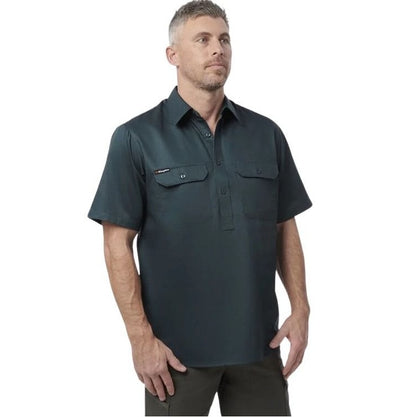 Man wearing a dark green short-sleeve shirt on a white background