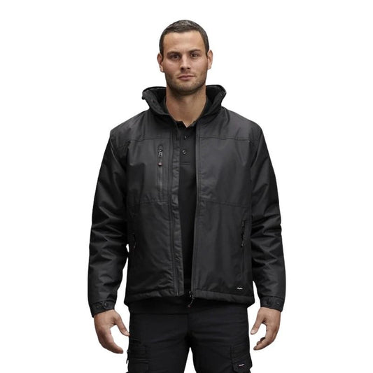 Man wearing a black jacket on a white background