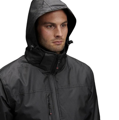 Man wearing a dark raincoat with a hood on a white background