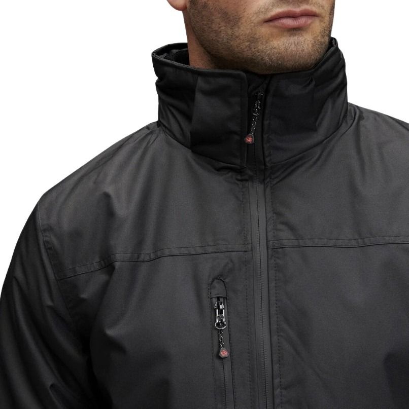 Close-up of a person wearing a black jacket with a high collar on a white background