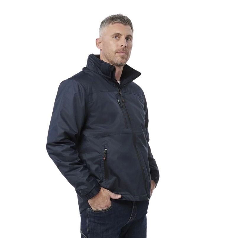 Man wearing a navy jacket on a white background