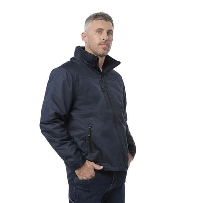 Man wearing a navy jacket on a white background