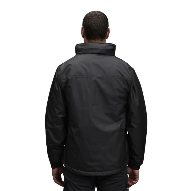Person wearing a black jacket on a white background