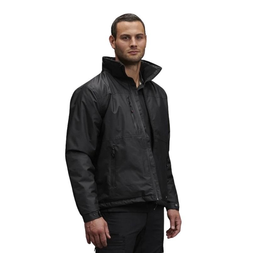 Man wearing a black jacket on a white background