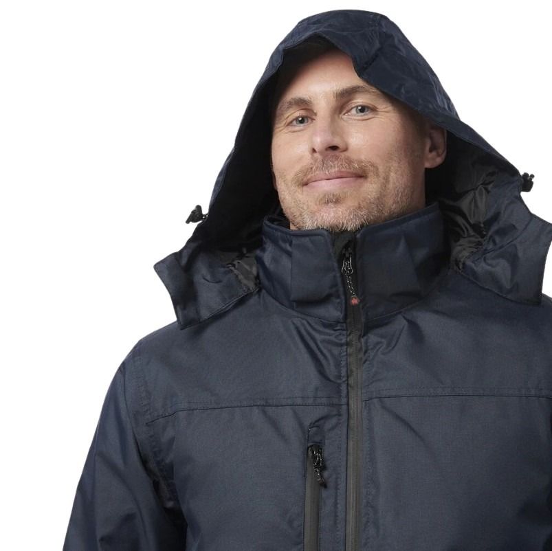 Man wearing a dark blue hooded jacket on a white background