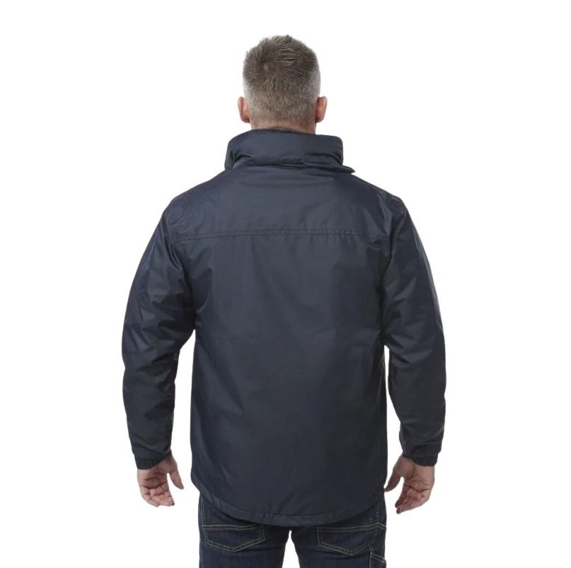 Man wearing a dark blue jacket on a white background