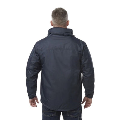 Man wearing a dark blue jacket on a white background