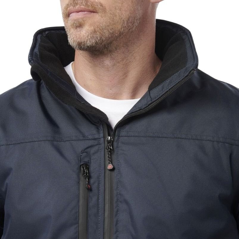 Navy blue jacket with a white shirt underneath on a white background