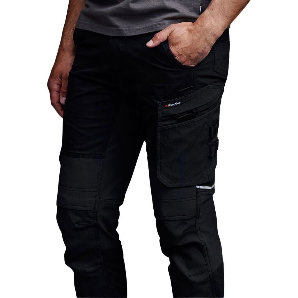 Black tactical pants with multiple pockets on a white background