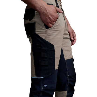 Khaki and navy work pants with multiple pockets on a white background