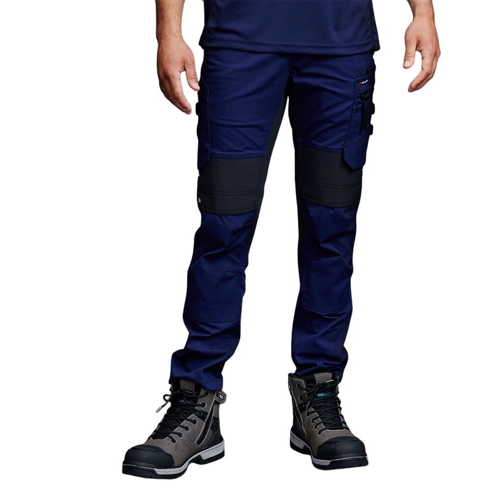 Navy blue work pants with black knee patches on a white background