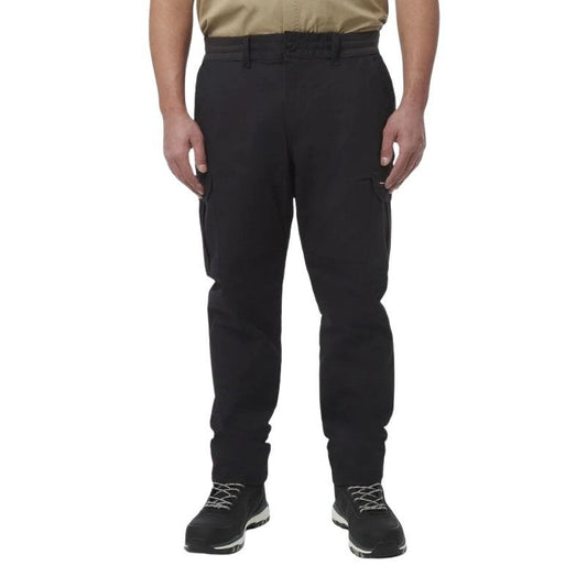 Person wearing black cargo pants on a white background