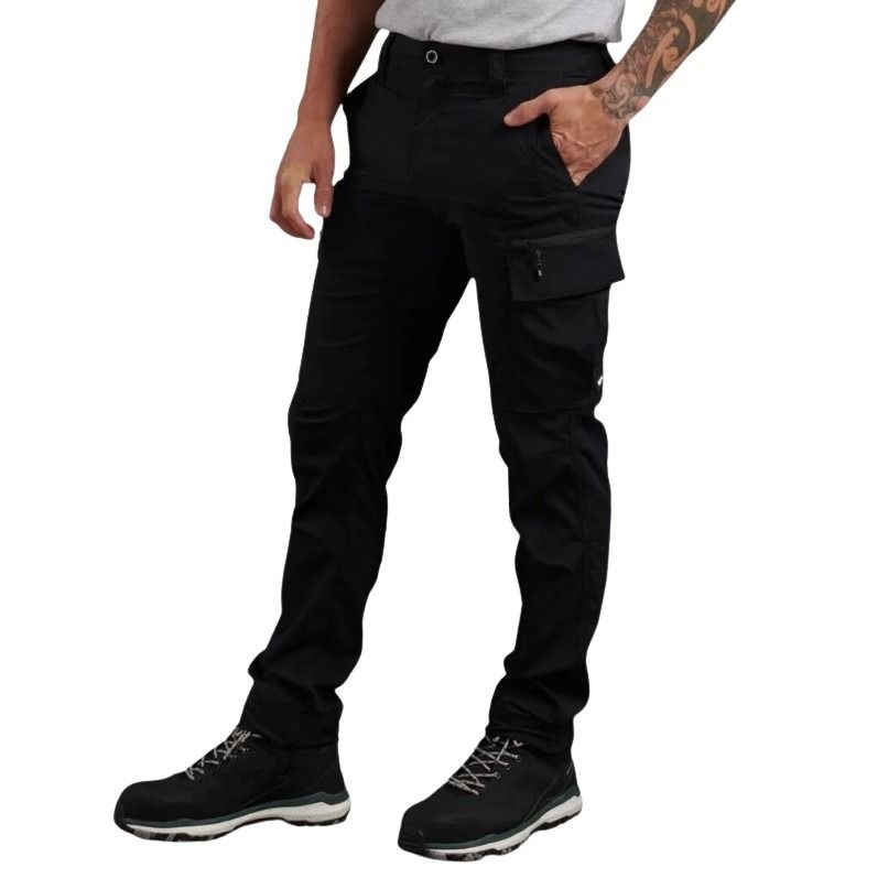 Person wearing black cargo pants on a white background