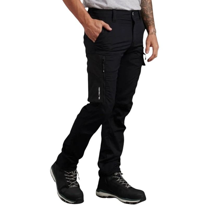 Person wearing black pants and black shoes on a white background