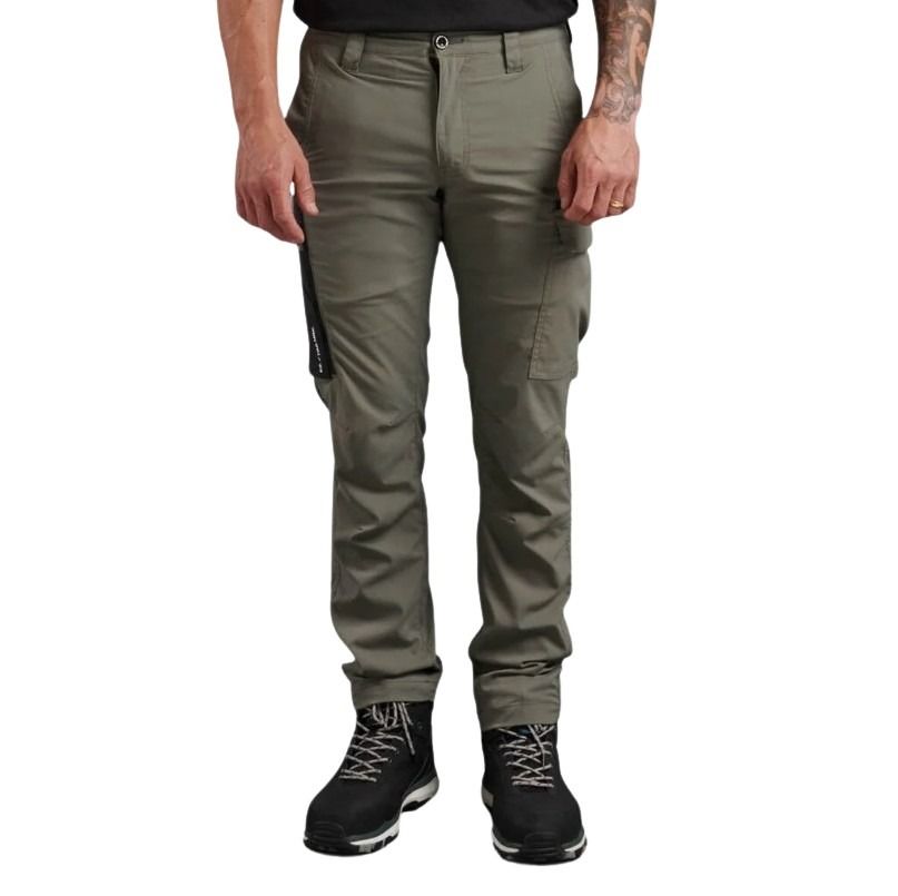 Person wearing olive green pants on a white background