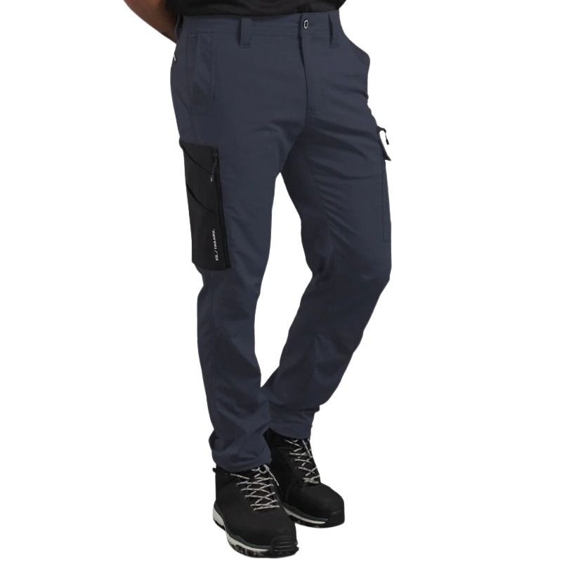 Dark blue pants with black boots on a white background