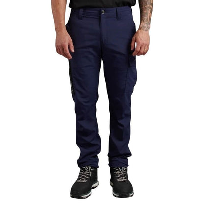 Navy blue pants worn by a person on a white background