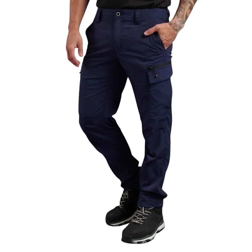 Person wearing navy blue cargo pants on a white background
