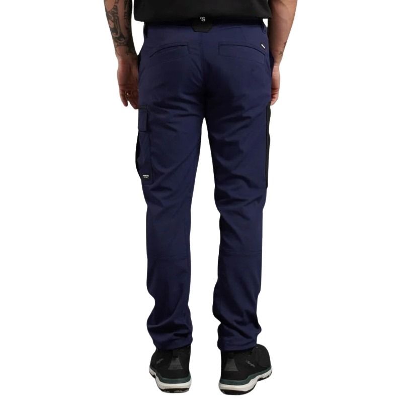 Navy blue cargo pants worn by a person on a white background
