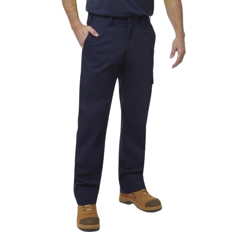 Navy pants worn by a person on a white background