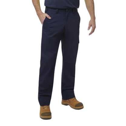 Navy pants worn by a person on a white background