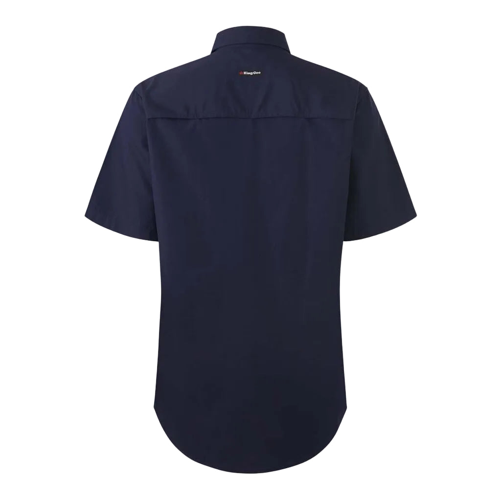 Navy blue short-sleeve shirt on a light gray background