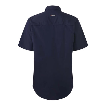 Navy blue short-sleeve shirt on a light gray background