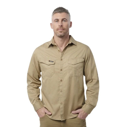 Man wearing a beige button-up shirt on a white background