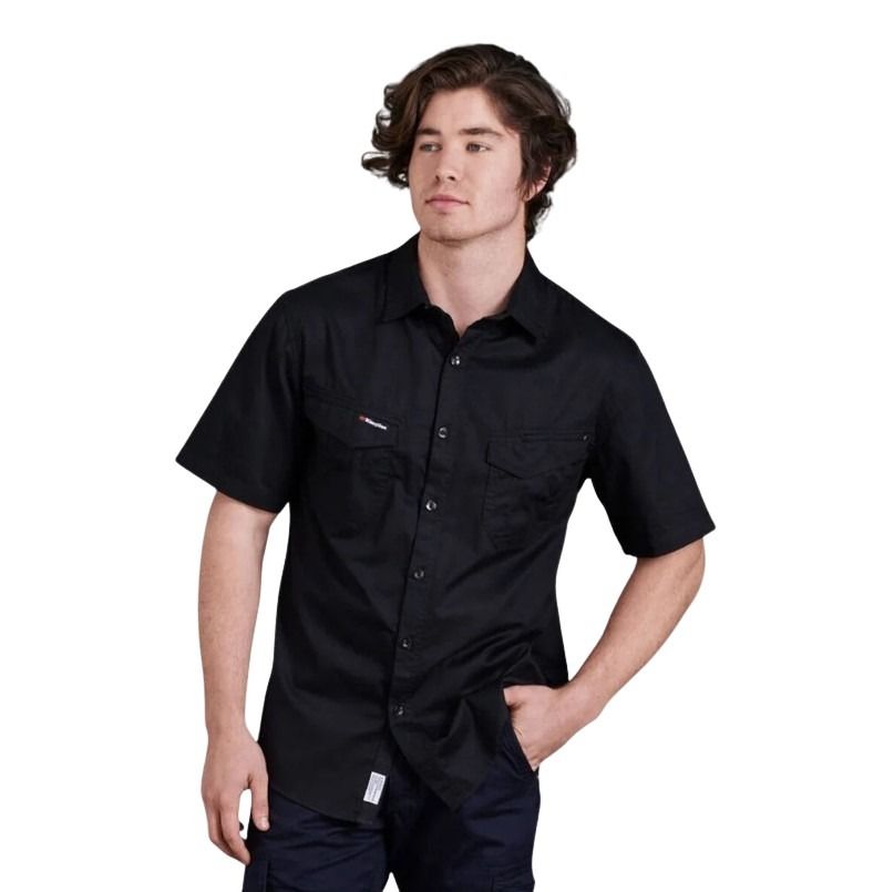 Person wearing a black short-sleeve shirt on a white background