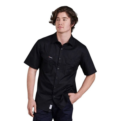 Person wearing a black short-sleeve shirt on a white background